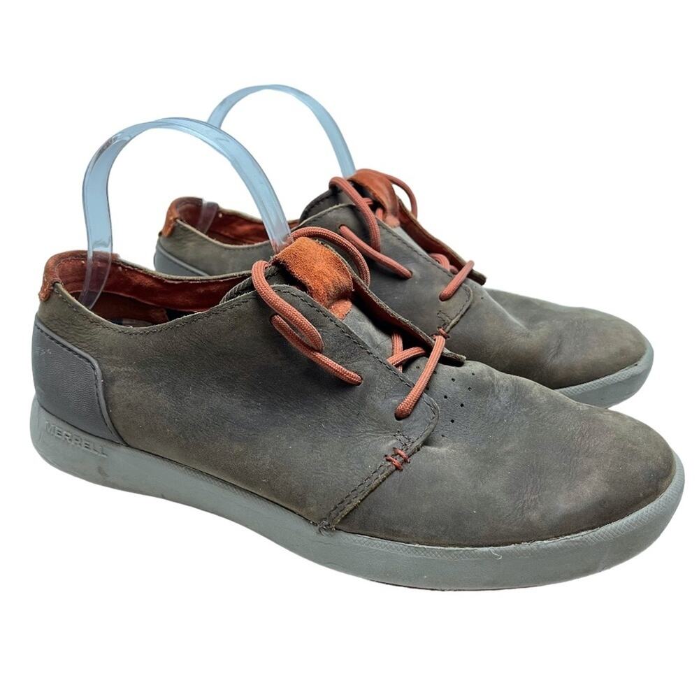 MERRELL DARK EARTH Lace Up Brown Genuine Leather Orange Trim Casual Shoes sz 9